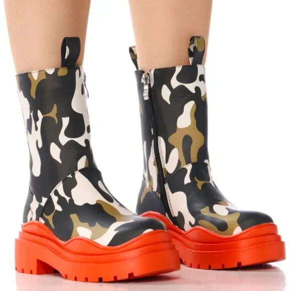 Callie Lives Miz Azalea Wang Camo Tangerine Rain Bootie 8 8.5 - Picture 4 of 10